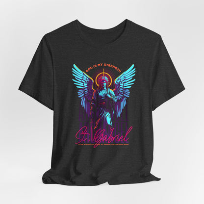 St. Gabriel Angel Tee — "God Is My Strength" Neon Graphic T-Shirt