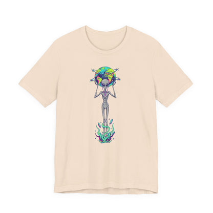 Alien Holding Earth Graphic Tee — Cosmic Sci‑Fi Alien Shirt