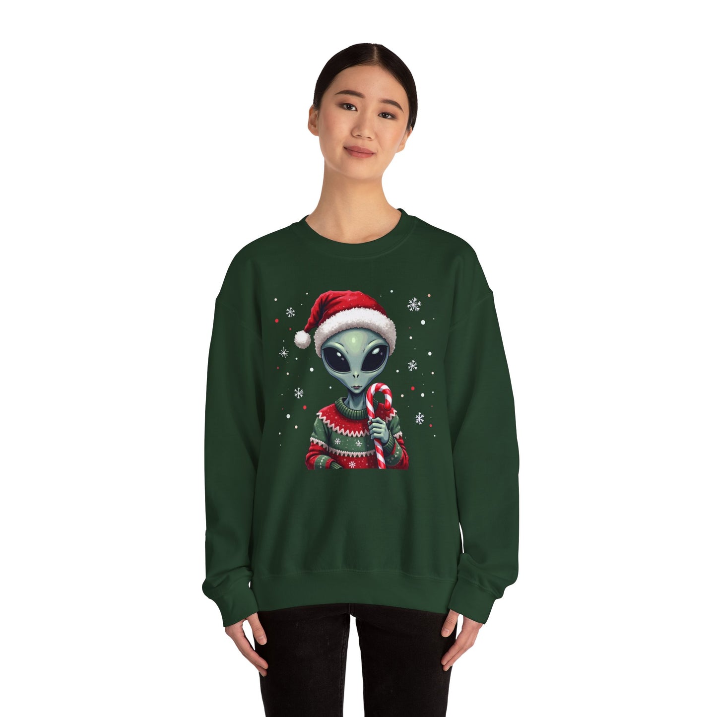 Alien Christmas Sweatshirt — Cute Santa Alien in Candy Cane Sweater