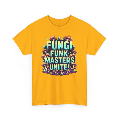 Fungi Funk Masters Unite Unisex Heavy Cotton Tee - Playful Mushroom Graphic T-Shirt - Psychonaut Swag