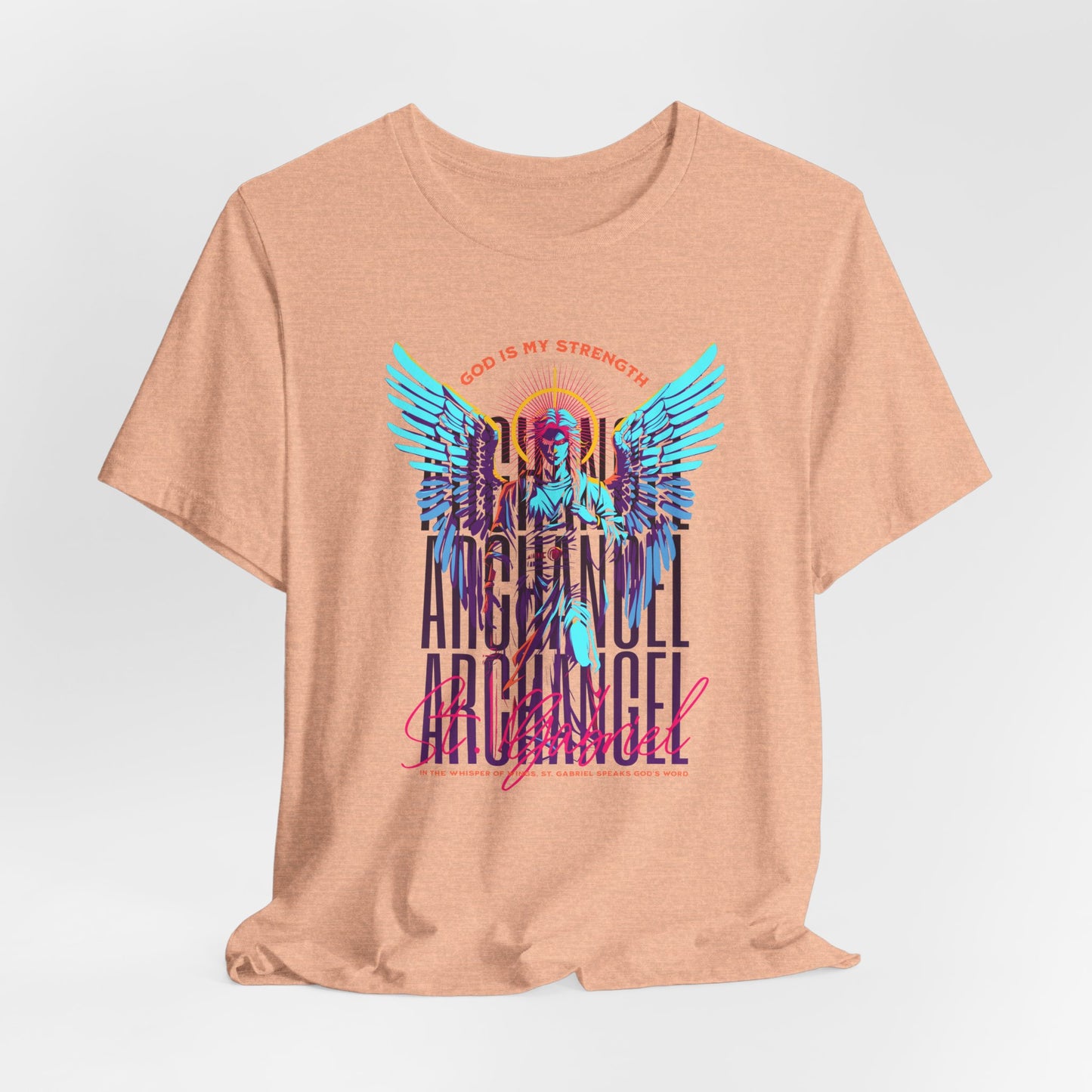 St. Gabriel Angel Tee — "God Is My Strength" Neon Graphic T-Shirt