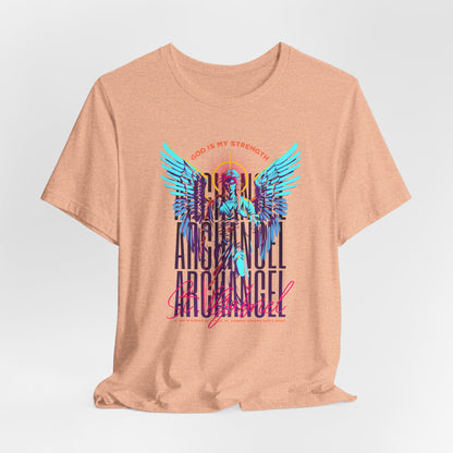 St. Gabriel Angel Tee — "God Is My Strength" Neon Graphic T-Shirt
