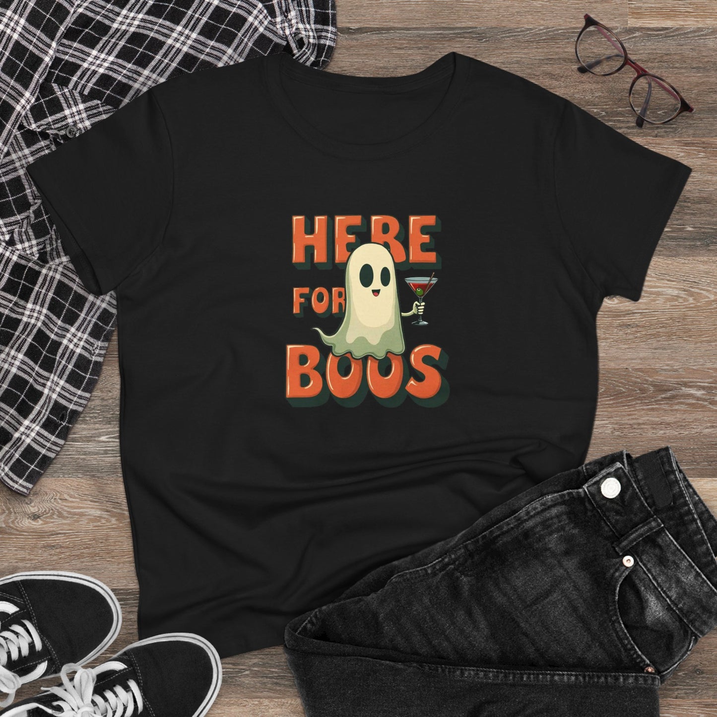 Here for Boos Halloween Ghost Tee — Funny Women’s Halloween T-Shirt with Cocktail Ghost