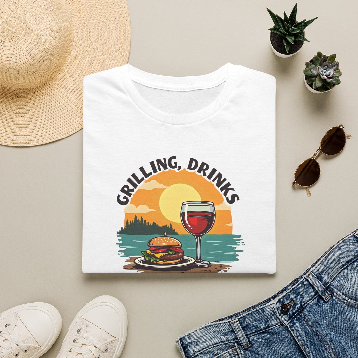 T-Shirt — Grilling, Drinks and Sunshine Retro Sunset BBQ Wine Tee