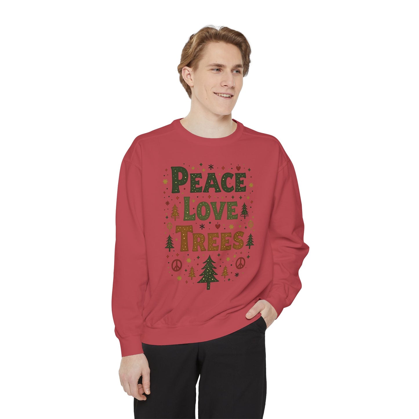 Peace Love Trees Sweatshirt — Eco Holiday Tree Graphic Sweatshirt