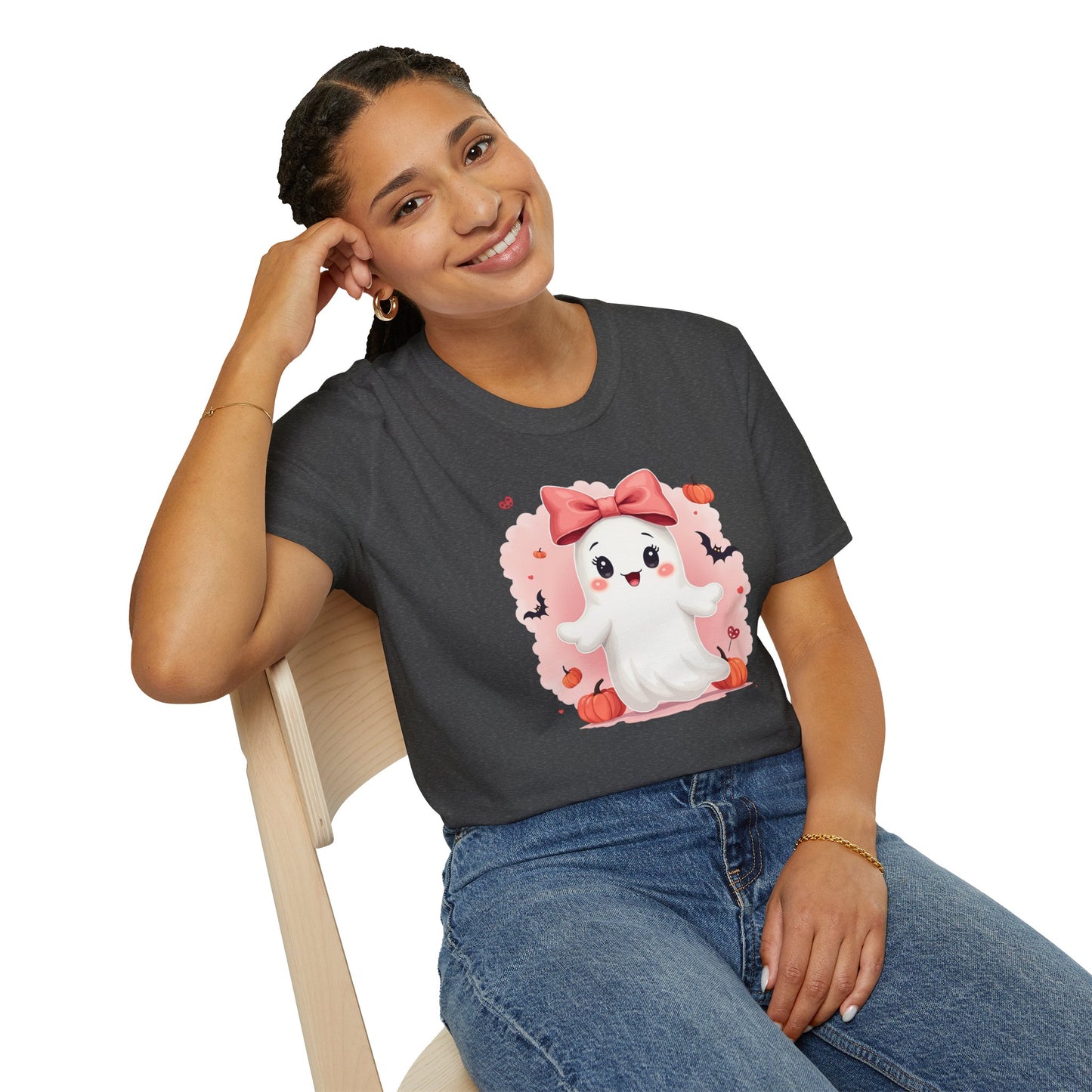 Cute Halloween Ghost T-Shirt — Pink Bow Ghost with Pumpkins & Bats