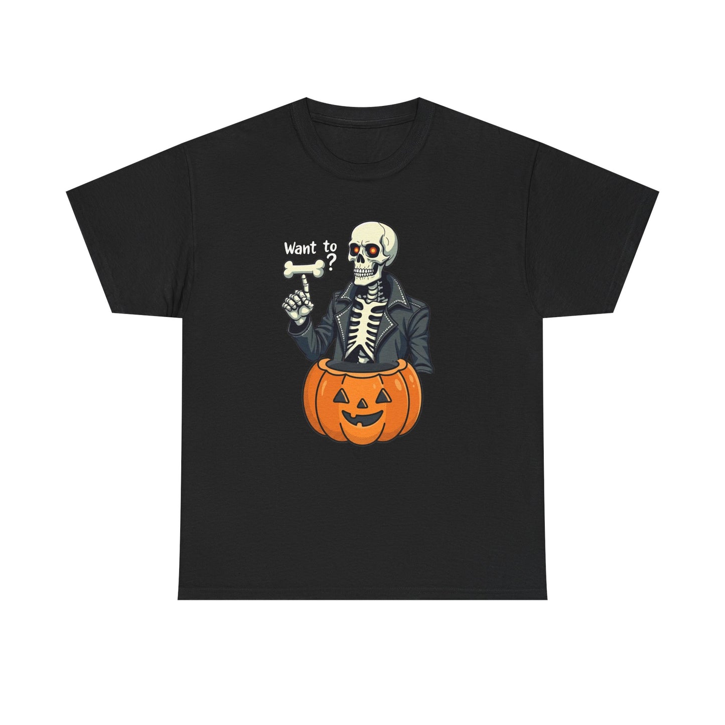 Halloween Skeleton Tee — 'Want to?' Pumpkin Jack-O'-Lantern Graphic Shirt