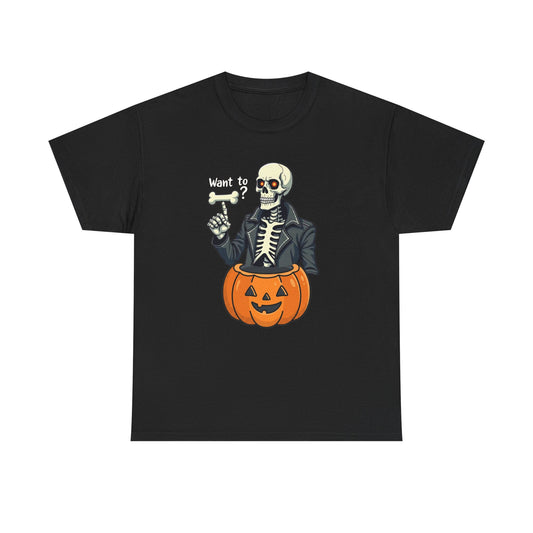 Halloween Skeleton Tee — 'Want to?' Pumpkin Jack-O'-Lantern Graphic Shirt