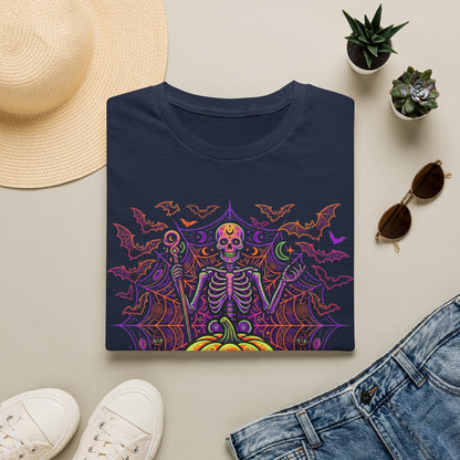Skeleton Sorcerer Halloween T-Shirt — Jack-O'-Lantern & Bats Spooky Tee
