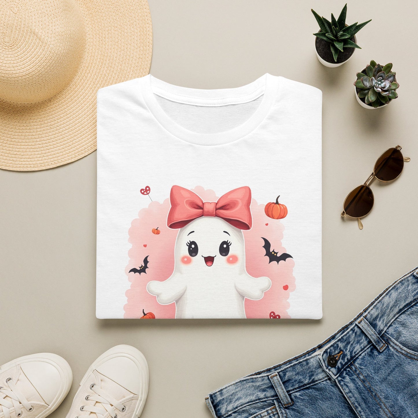 Cute Halloween Ghost T-Shirt — Pink Bow Ghost with Pumpkins & Bats