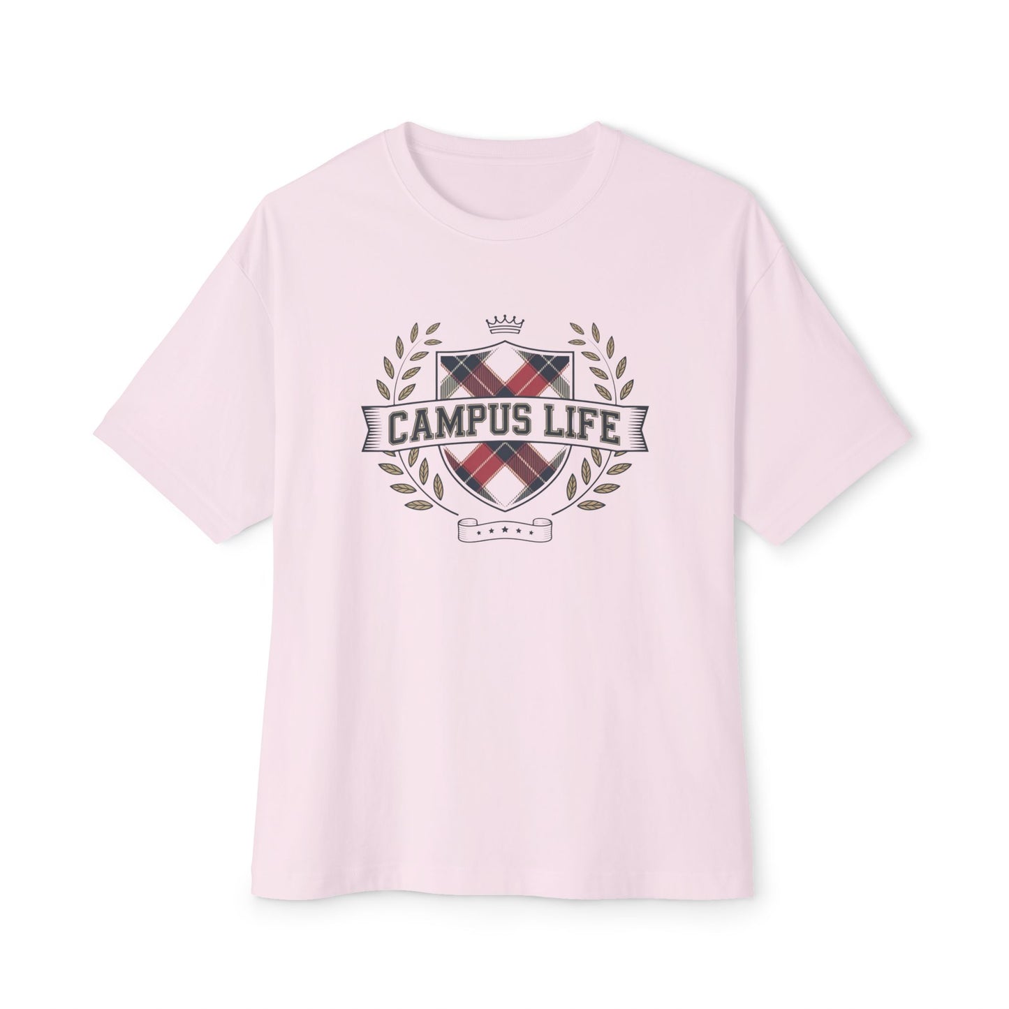 Campus Life Plaid Crest Tee — Oversized Boxy College T-Shirt