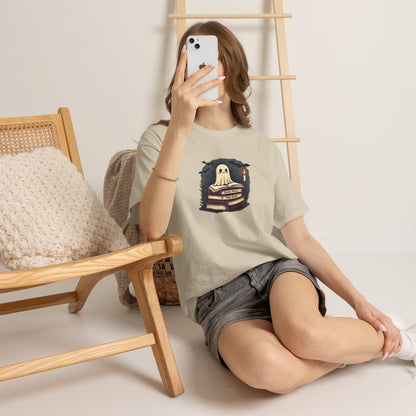 Ghost Reader T-Shirt — Cute Ghost on Stacked Books Halloween Tee