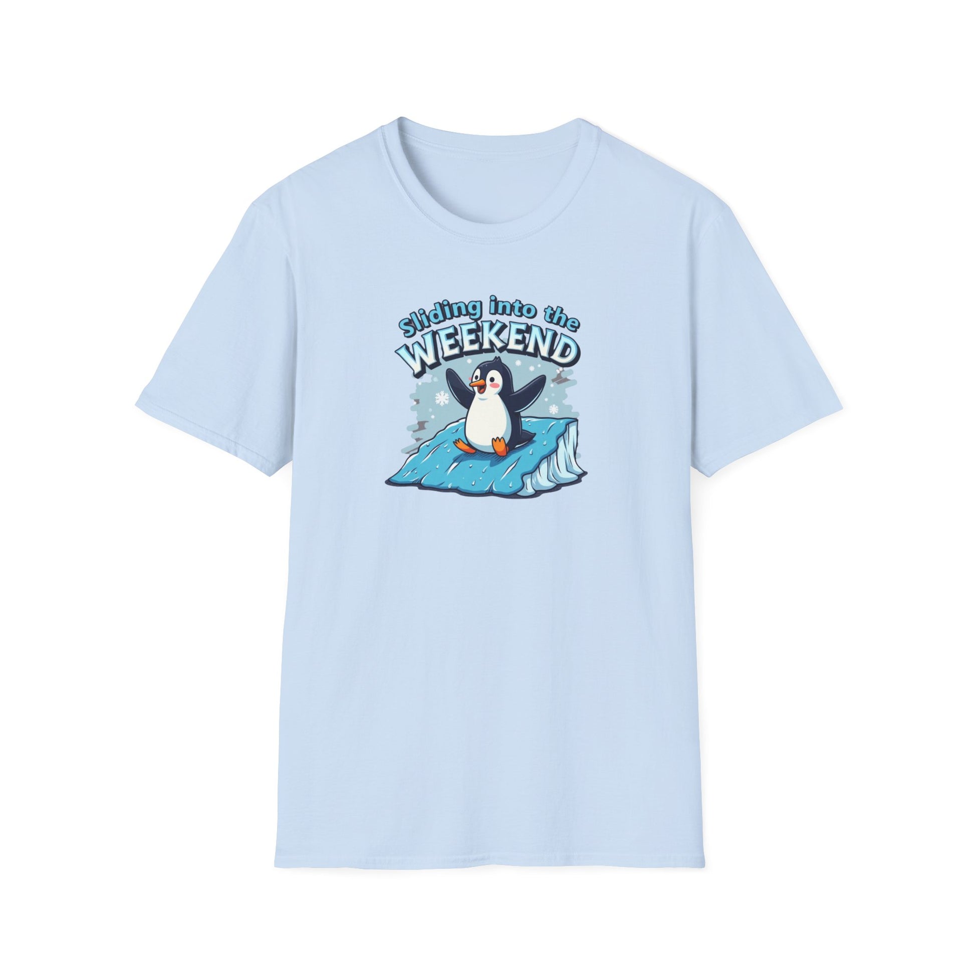 Sliding Penguin, Weekend Vibes T-Shirt, Funny Graphic Tee, Penguin Design Shirt, Casual Apparel, Unisex Softstyle T-Shirt - Psychonaut Swag