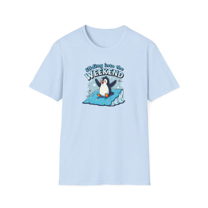 Sliding Penguin, Weekend Vibes T-Shirt, Funny Graphic Tee, Penguin Design Shirt, Casual Apparel, Unisex Softstyle T-Shirt - Psychonaut Swag