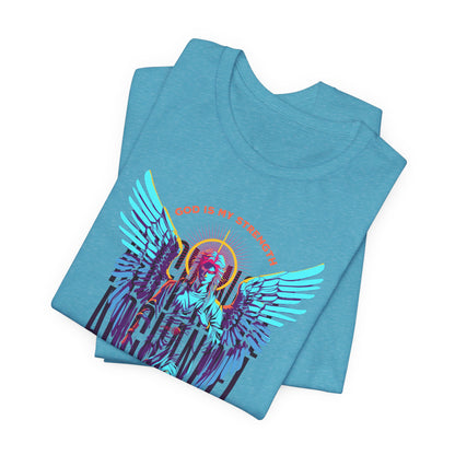 St. Gabriel Angel Tee — "God Is My Strength" Neon Graphic T-Shirt