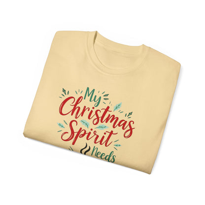 Christmas Coffee Tee - "My Christmas Spirit Needs Coffee" Holiday T-Shirt