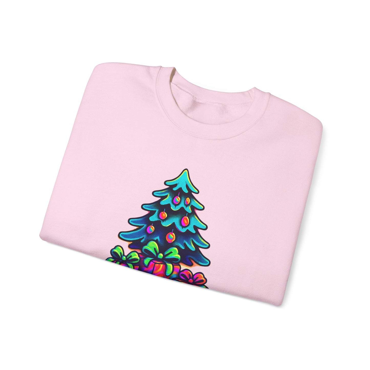 Psychedelic Christmas Tree Sweatshirt — Colorful Holiday Tree with Gifts Crewneck
