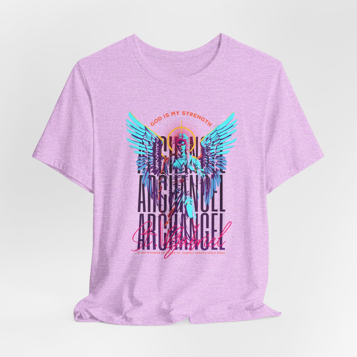 St. Gabriel Angel Tee — "God Is My Strength" Neon Graphic T-Shirt
