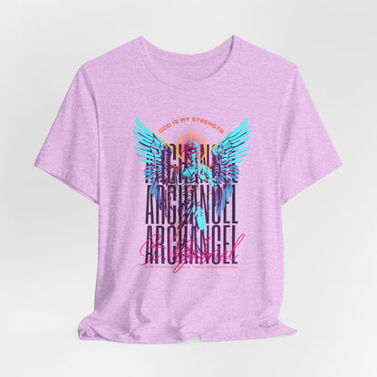 St. Gabriel Angel Tee — "God Is My Strength" Neon Graphic T-Shirt