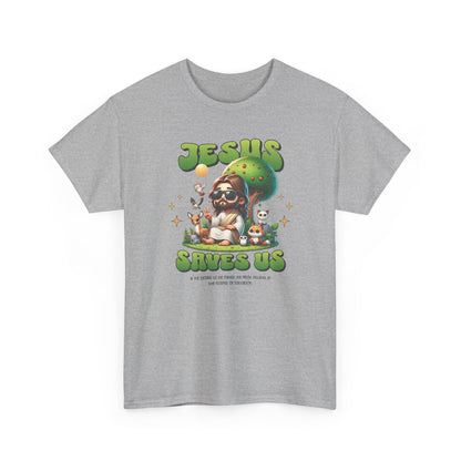 Jesus Saves Us T-Shirt — Cute Retro Jesus with Animals Christian Faith Tee
