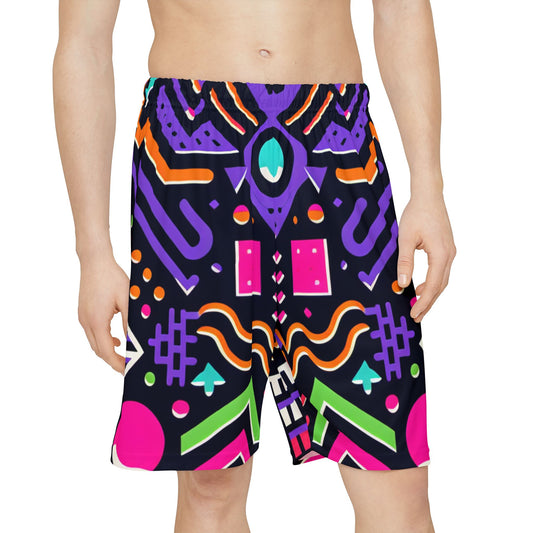 Retro 90's Shorts, Groovy Print, Men’s Sports Shorts, Basketball shorts (AOP) - Psychonaut Swag