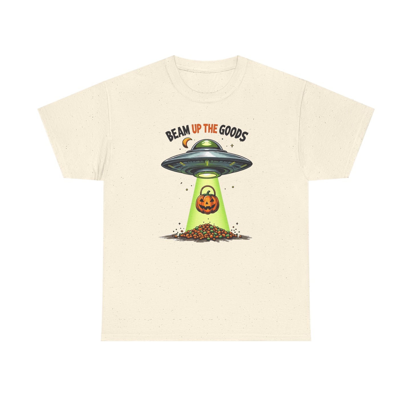 Halloween UFO T-Shirt — "Beam Up The Goods" Pumpkin Candy Abduction Tee