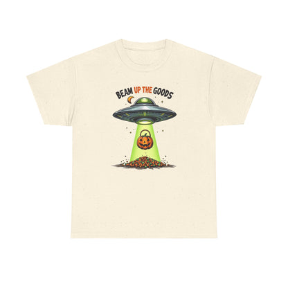 Halloween UFO T-Shirt — "Beam Up The Goods" Pumpkin Candy Abduction Tee