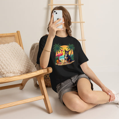 Dog Beach Sunset T-Shirt — Tropical Flamingo Palm Tee