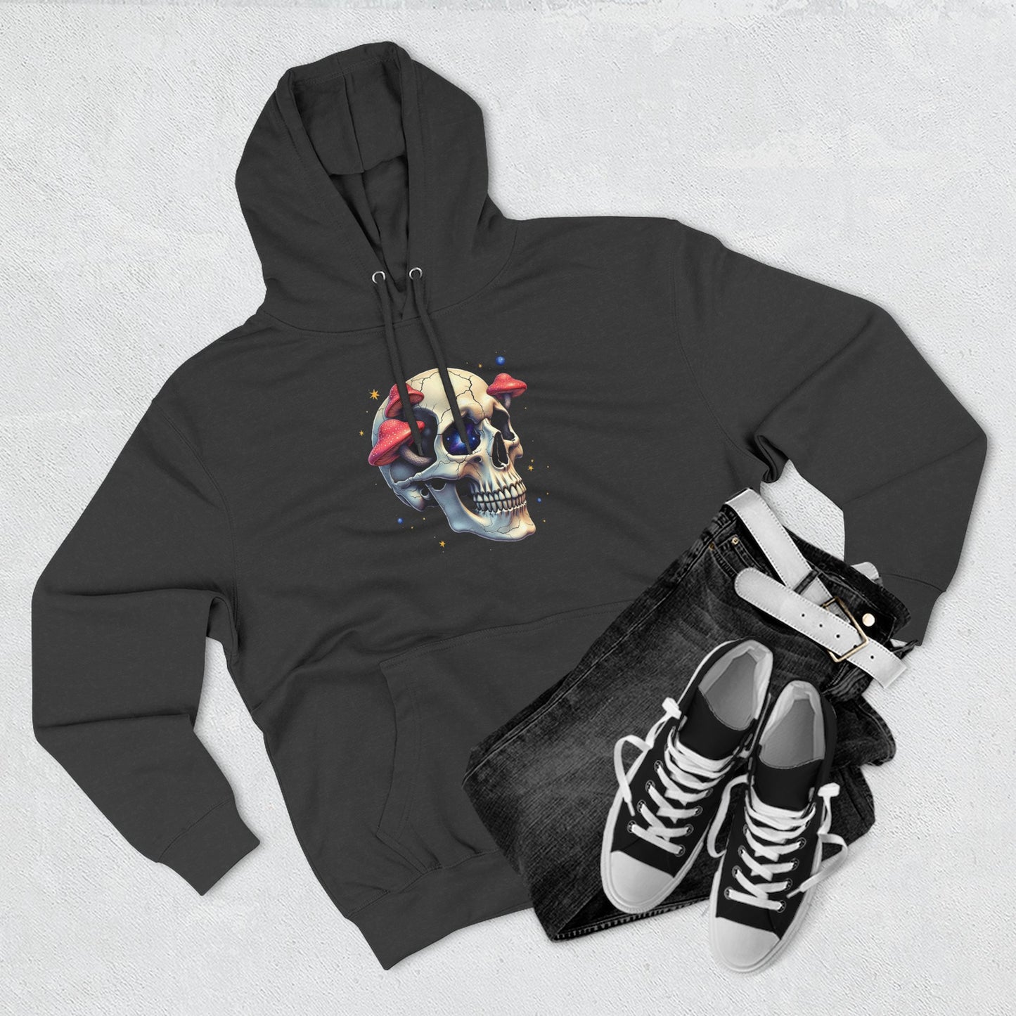 Skull & Mushrooms Hoodie — Gothic Skull with Red Mushroom Graphic