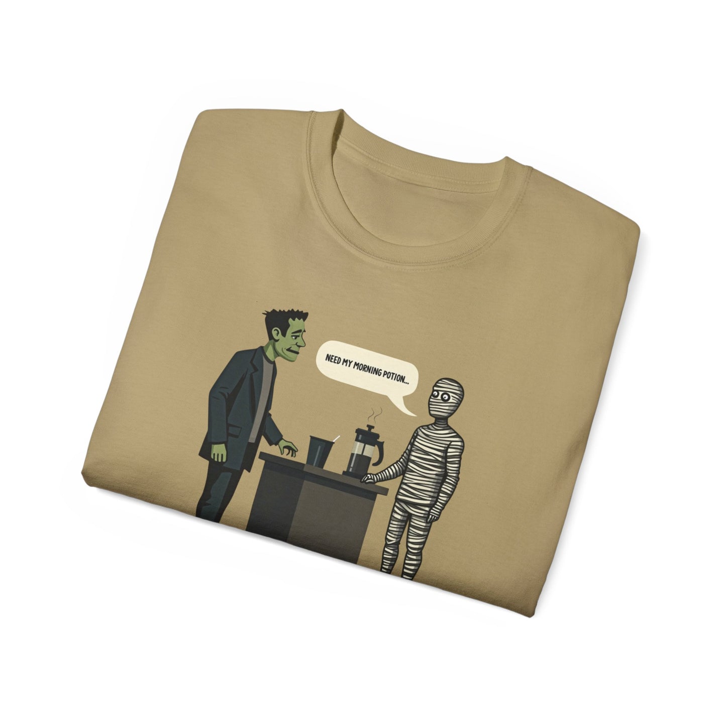 Funny Halloween Tee — Frankenstein & Mummy Coffee Joke Shirt