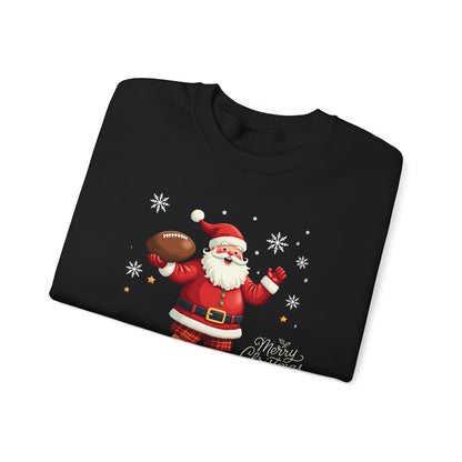 Santa Throwing Football, Christmas Sweatshirt - Jolly Santa with 'Merry Christmas' Graphic