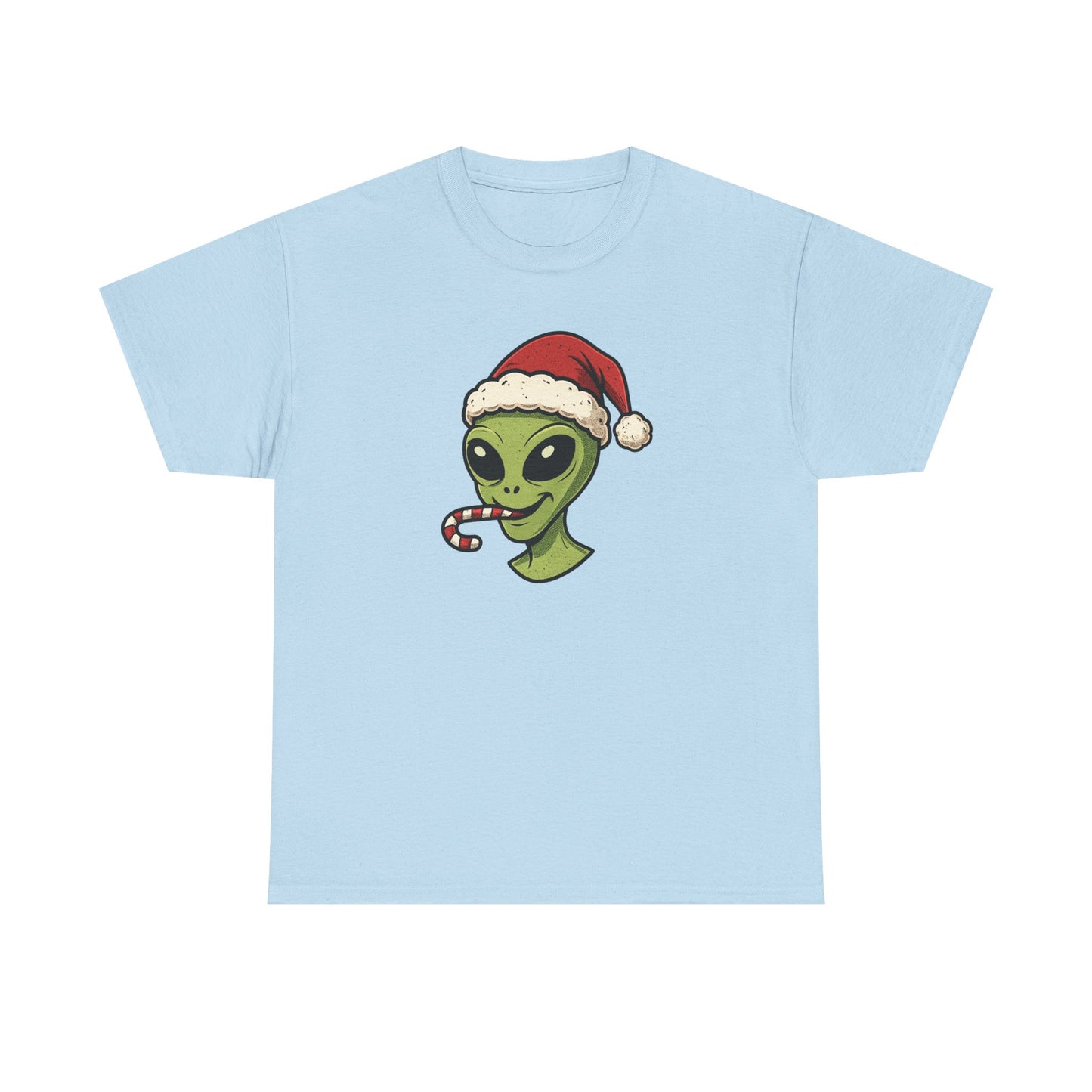 Alien Santa T-Shirt — Cute Green Alien with Santa Hat & Candy Cane Holiday Tee