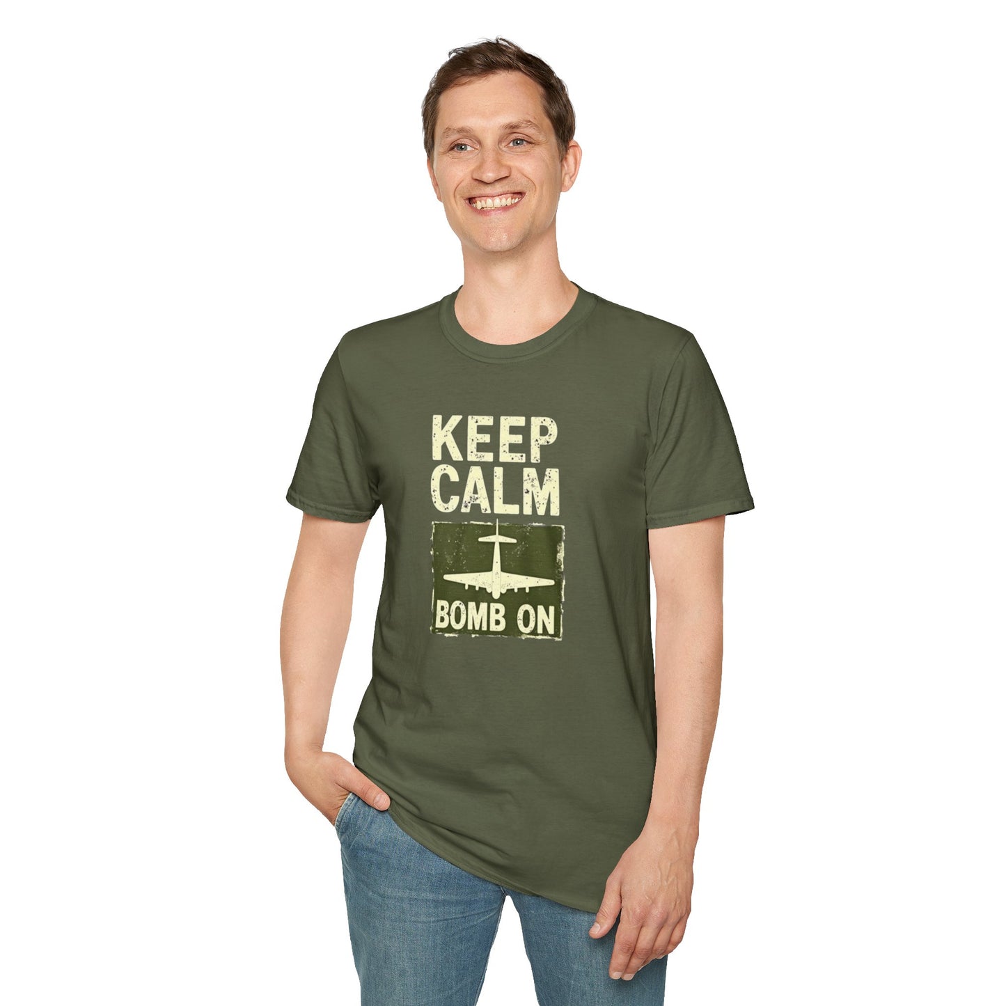 Keep Calm and Bomb On Unisex Softstyle T-Shirt, Casual Wear, Gift for Veterans, Military Humor, Comfortable Tees