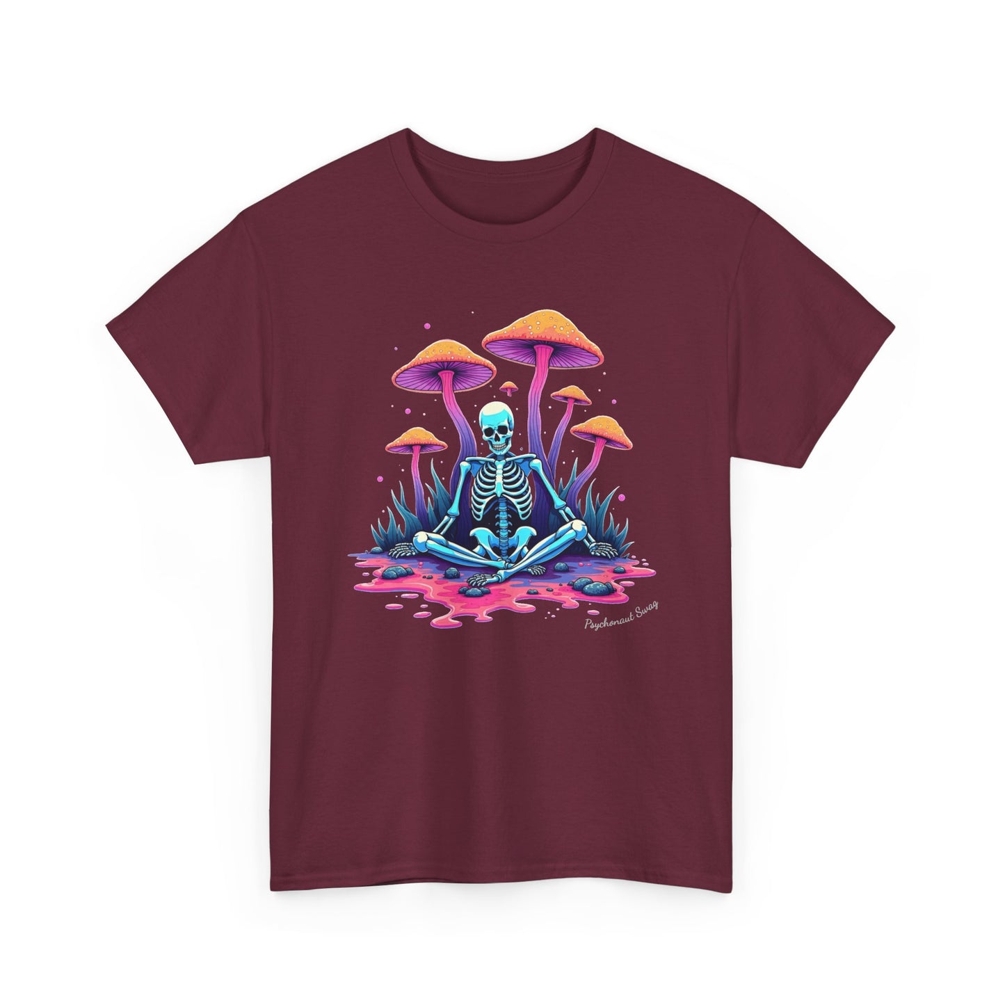 Psychedelic Mushroom Skeleton Near-Death Trip T‑Shirt — Neon Trippy Fungi Meditation Tee