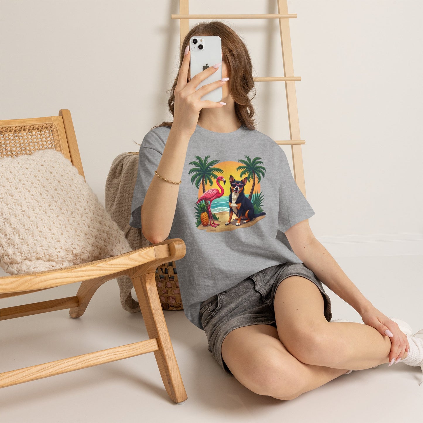 Dog Beach Sunset T-Shirt — Tropical Flamingo Palm Tee
