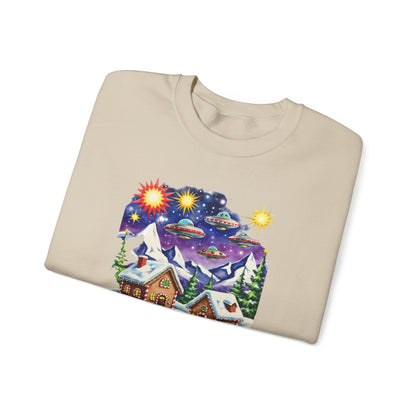 Crewneck Sweatshirt — Cozy Winter Cabin with UFO Nightscape