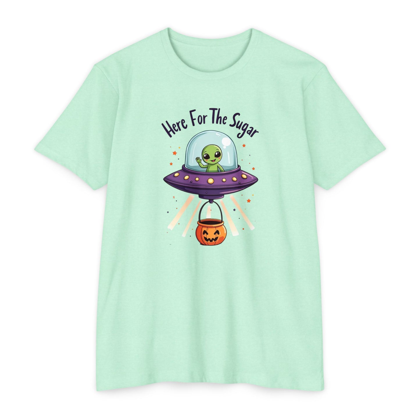 Halloween Alien T-Shirt — "Here For The Sugar" Cute UFO Trick-or-Treat Tee
