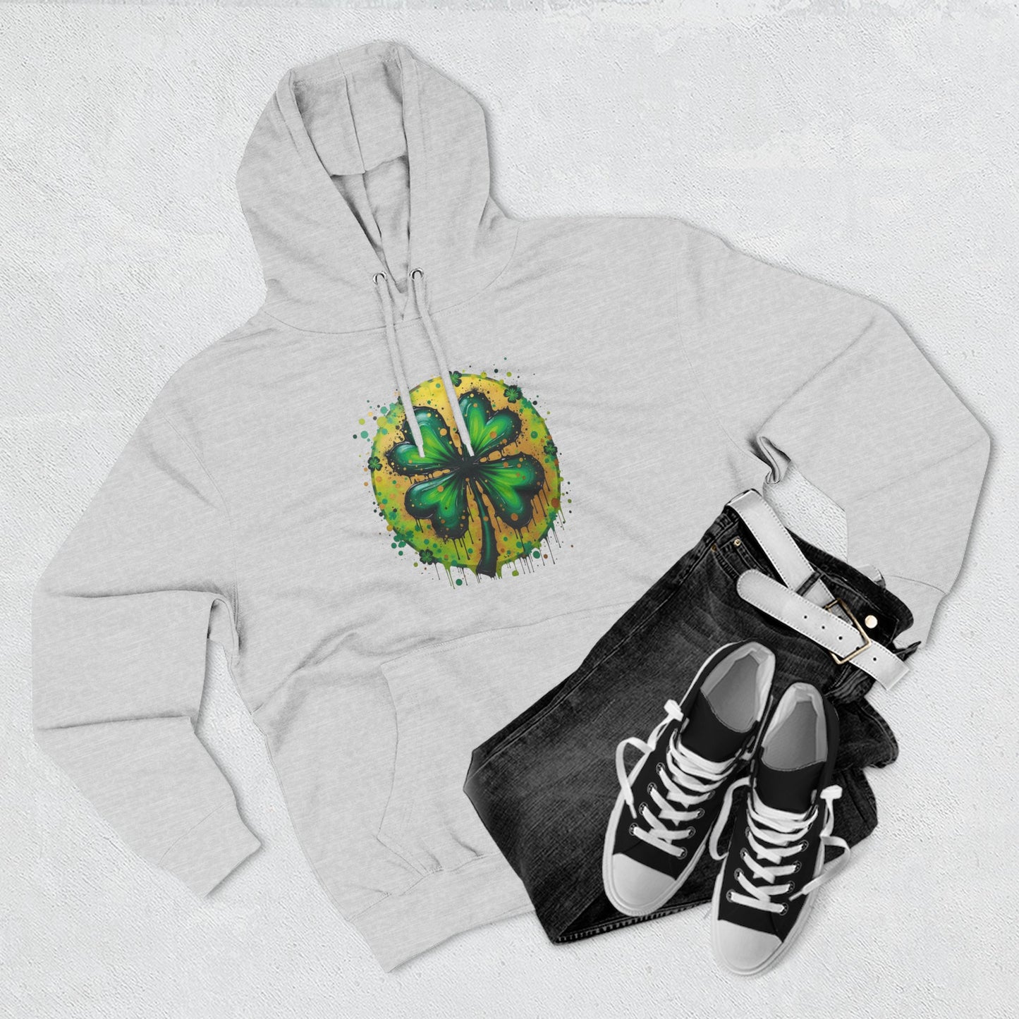 St. Patrick's Watercolor Shamrock Hoodie — Green Four-Leaf Luck Pullover