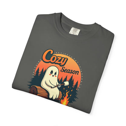 Cozy Season Ghost Tee — Campfire Autumn Graphic T-Shirt