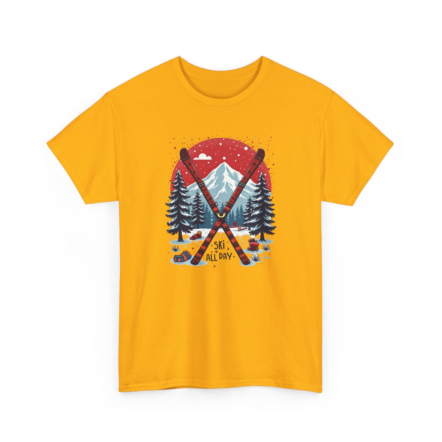 Ski All Day T-Shirt – Vintage Mountain Skis, Trees & Snow Graphic