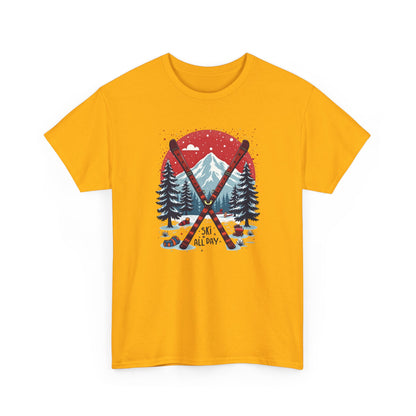 Ski All Day T-Shirt – Vintage Mountain Skis, Trees & Snow Graphic