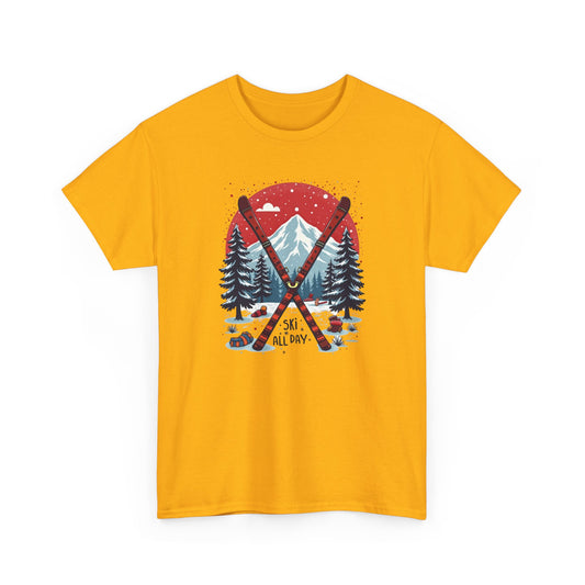 Ski All Day T-Shirt – Vintage Mountain Skis, Trees & Snow Graphic