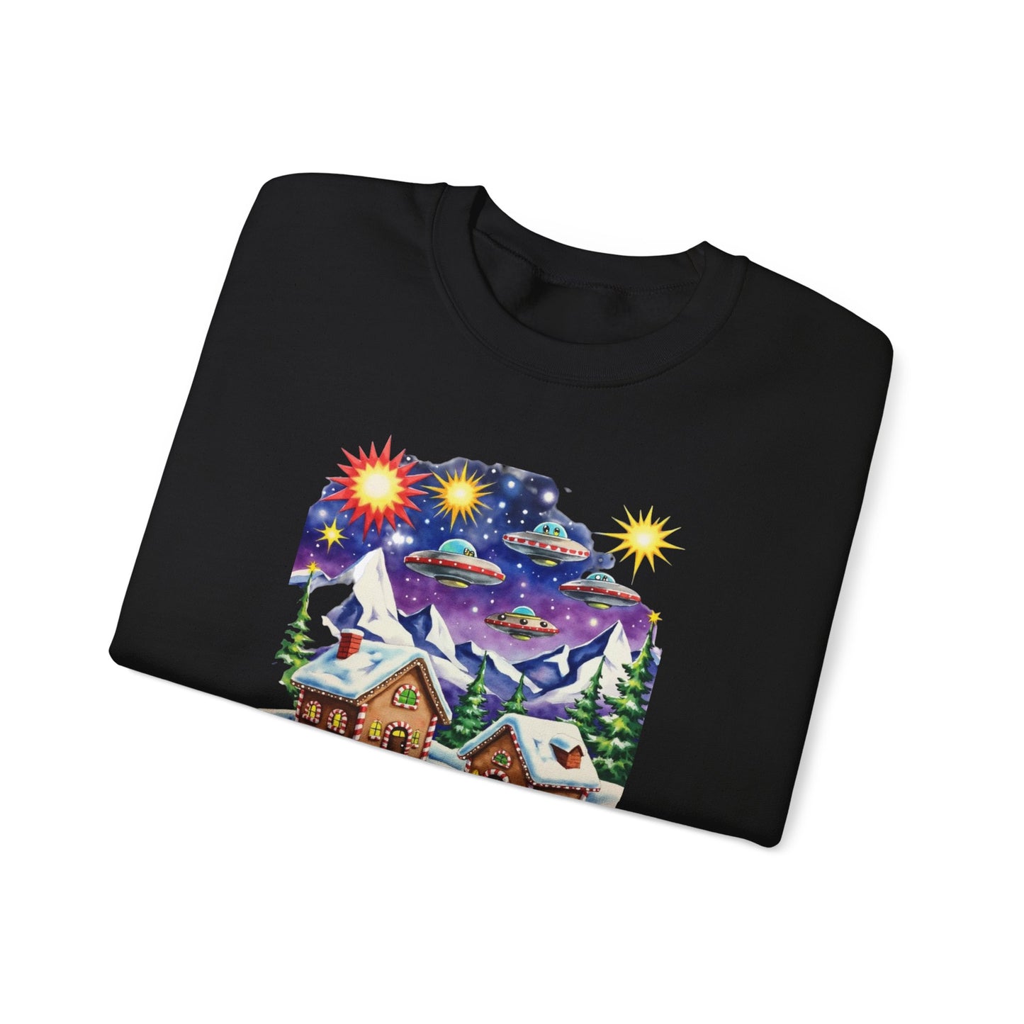 Crewneck Sweatshirt — Cozy Winter Cabin with UFO Nightscape