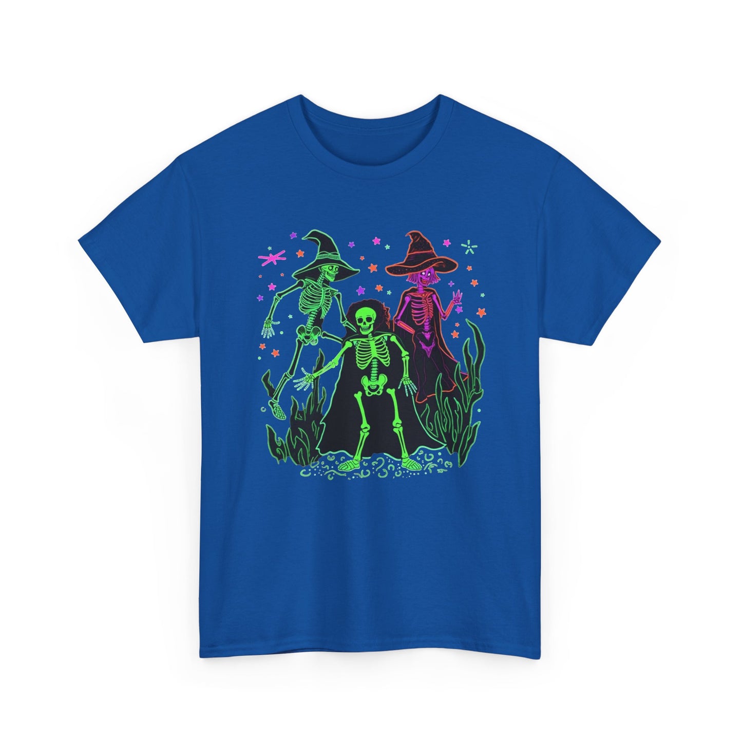 Halloween Neon Witches & Skeleton Tee — Retro Spooky Graphic T-Shirt