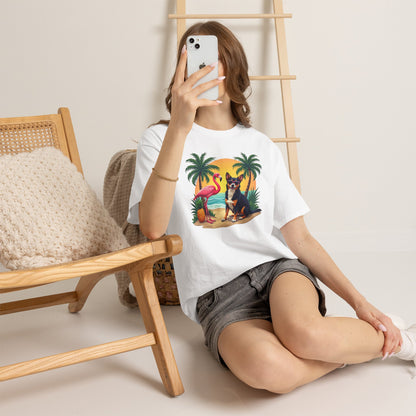 Dog Beach Sunset T-Shirt — Tropical Flamingo Palm Tee