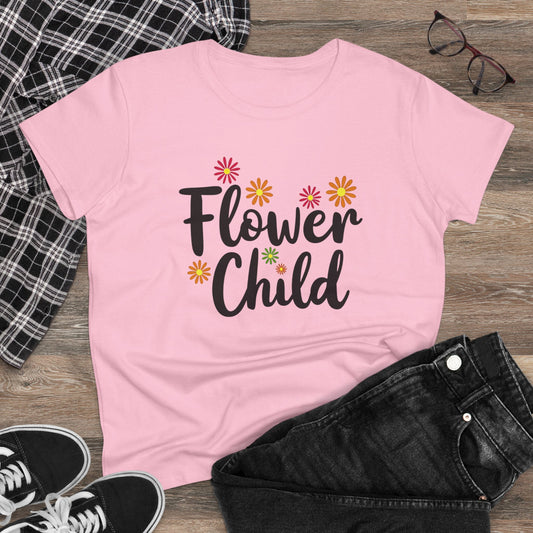 Flower Child Women's Midweight Cotton Tee - Boho Vintage Style Shirt for Everyday Wear - Psychonaut Swag