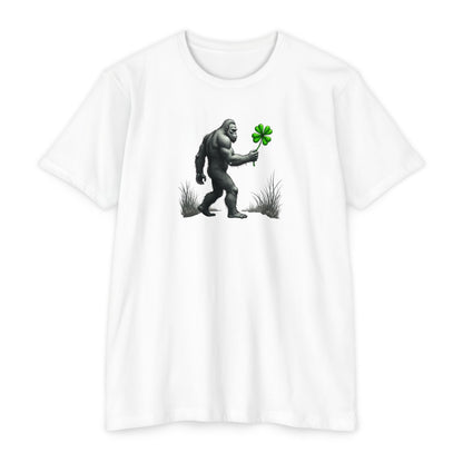 Bigfoot Holding Clover T‑Shirt — Funny Sasquatch St. Patrick’s Day Tee