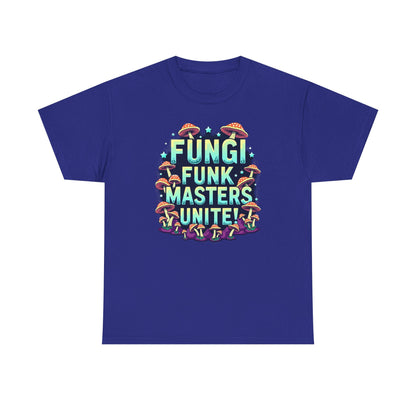 Fungi Funk Masters Unite Unisex Heavy Cotton Tee - Playful Mushroom Graphic T-Shirt - Psychonaut Swag