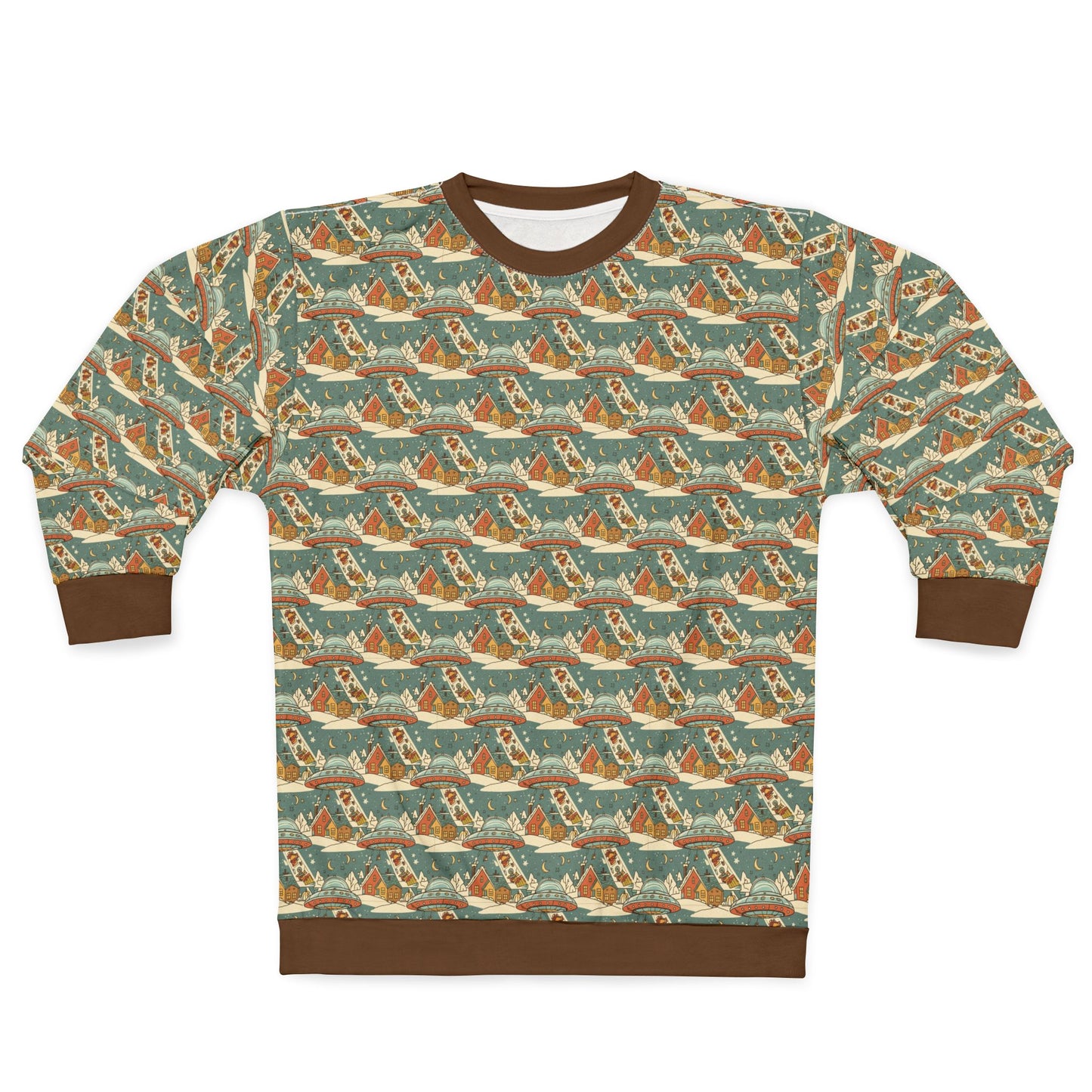 Mothership delivering gifts,  All-Over-Print Sweatshirt — Orange Coastal Vintage Pattern
