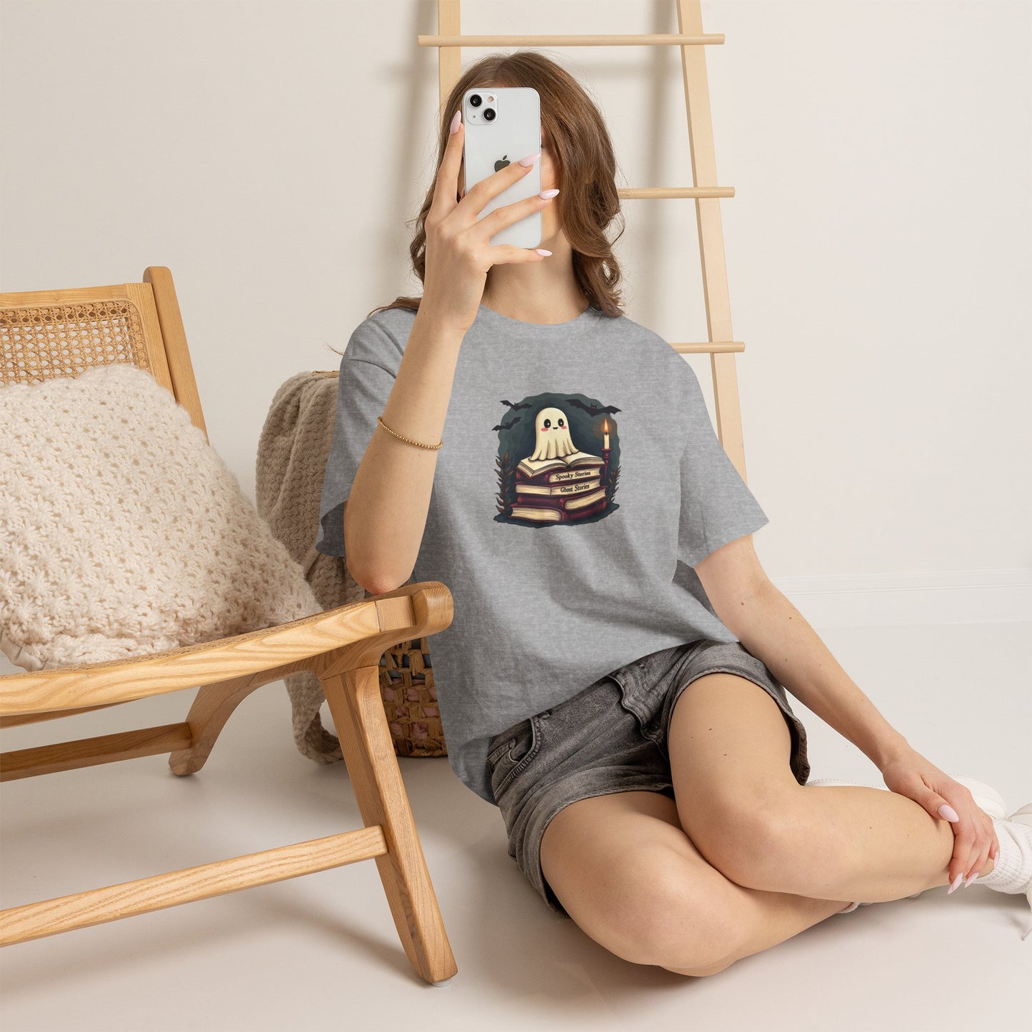 Ghost Reader T-Shirt — Cute Ghost on Stacked Books Halloween Tee